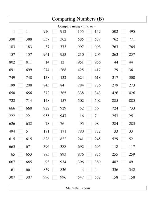 The Comparing Numbers to 1000 Tight (B) Math Worksheet