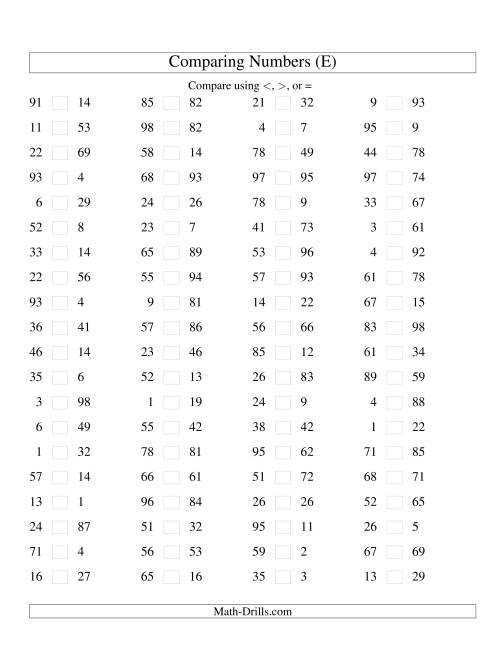 The Comparing Numbers to 100 (E) Math Worksheet