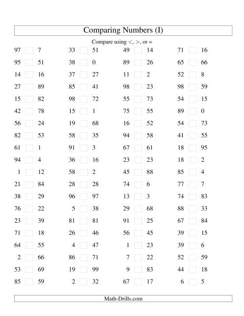 The Comparing Numbers to 100 (I) Math Worksheet