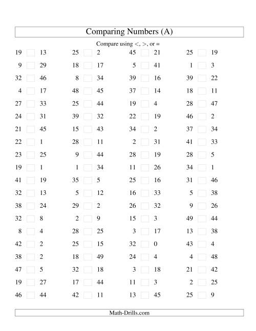 The Comparing Numbers to 50 (A) Math Worksheet