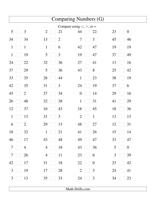 The Comparing Numbers to 50 (G) Math Worksheet