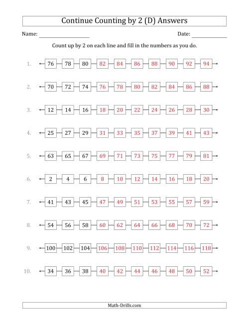 The Continue Counting Up by 2 from Various Starting Numbers (D) Math Worksheet Page 2