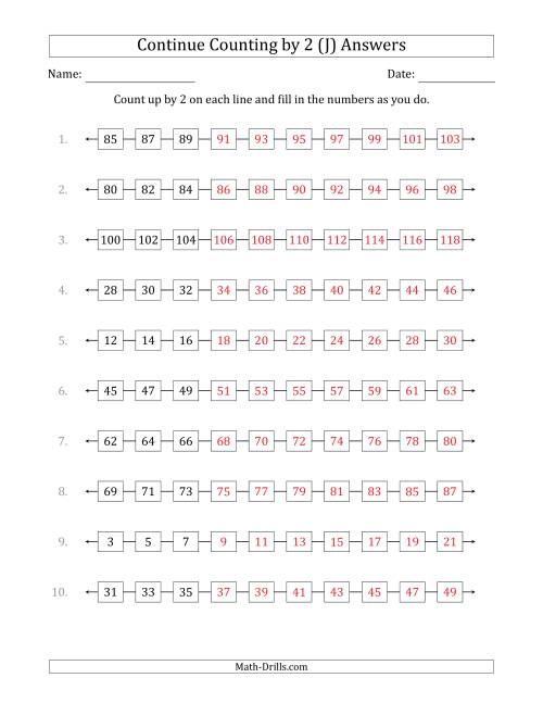 The Continue Counting Up by 2 from Various Starting Numbers (J) Math Worksheet Page 2