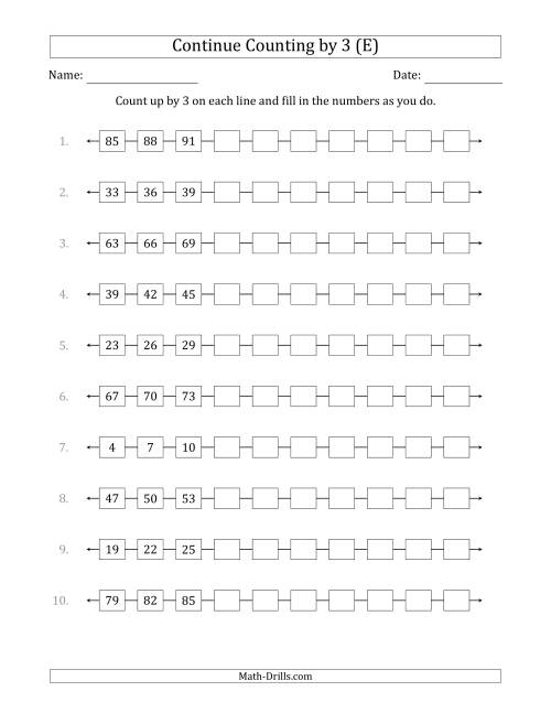 The Continue Counting Up by 3 from Various Starting Numbers (E) Math Worksheet
