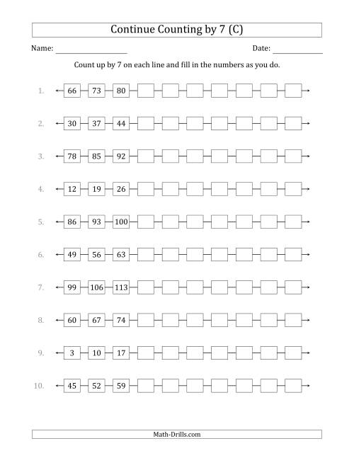 The Continue Counting Up by 7 from Various Starting Numbers (C) Math Worksheet