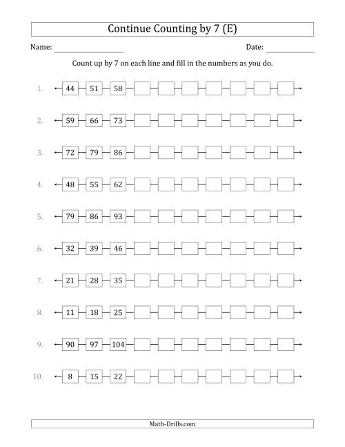 The Continue Counting Up by 7 from Various Starting Numbers (E) Math Worksheet