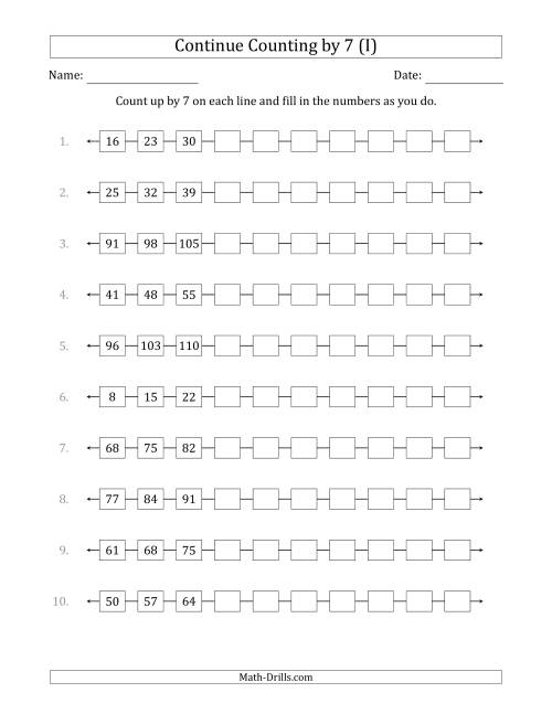 The Continue Counting Up by 7 from Various Starting Numbers (I) Math Worksheet
