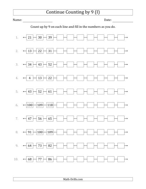 The Continue Counting Up by 9 from Various Starting Numbers (I) Math Worksheet