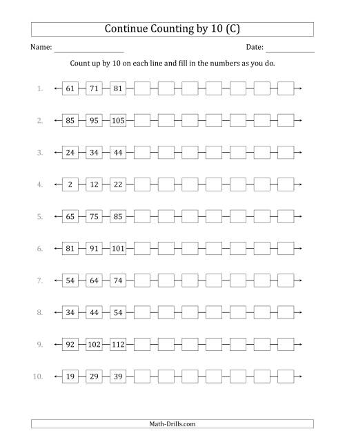 The Continue Counting Up by 10 from Various Starting Numbers (C) Math Worksheet