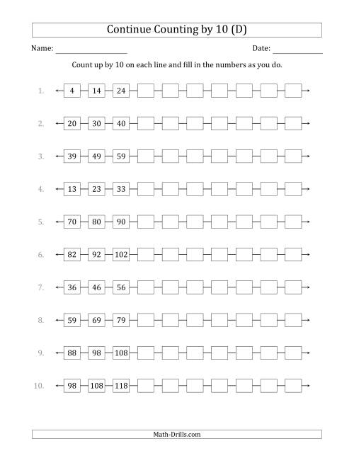 The Continue Counting Up by 10 from Various Starting Numbers (D) Math Worksheet
