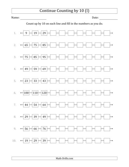 The Continue Counting Up by 10 from Various Starting Numbers (I) Math Worksheet
