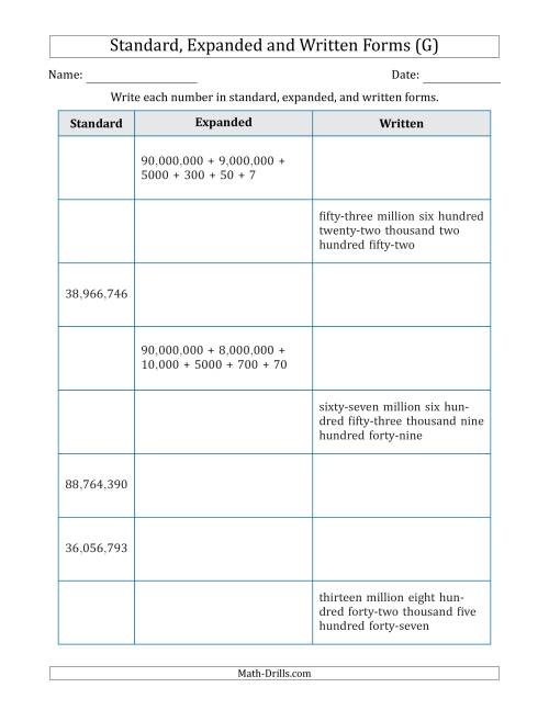 The Converting Between Standard, Expanded and Written Forms (8-Digit) U.S./U.K. Version (G) Math Worksheet