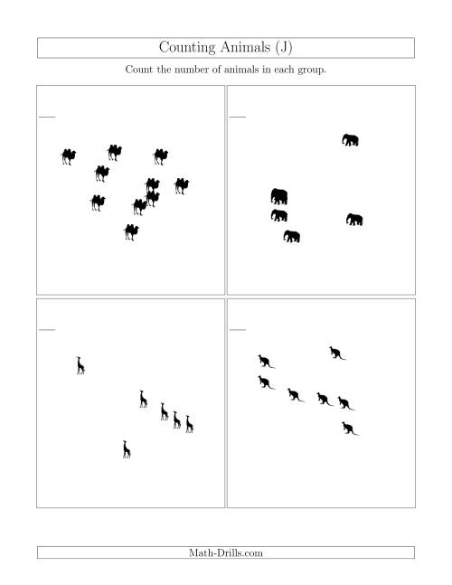 The Counting Animals in Scattered Arrangements (J) Math Worksheet