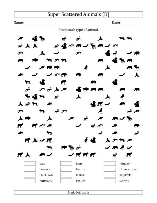 The Counting Animal Pictures in Super Scattered Arrangements (About 50 Percent Full) (D) Math Worksheet