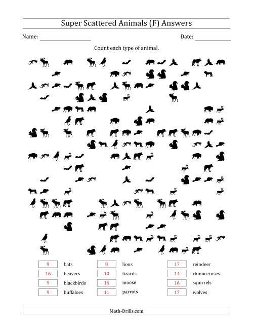 The Counting Animal Pictures in Super Scattered Arrangements (About 50 Percent Full) (F) Math Worksheet Page 2