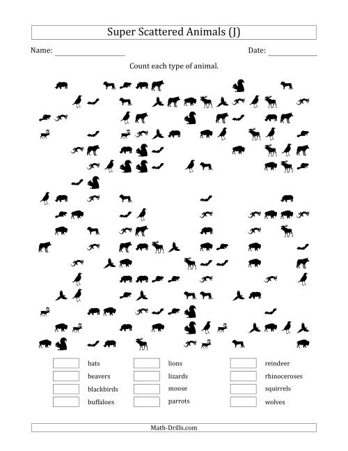 The Counting Animal Pictures in Super Scattered Arrangements (About 50 Percent Full) (J) Math Worksheet