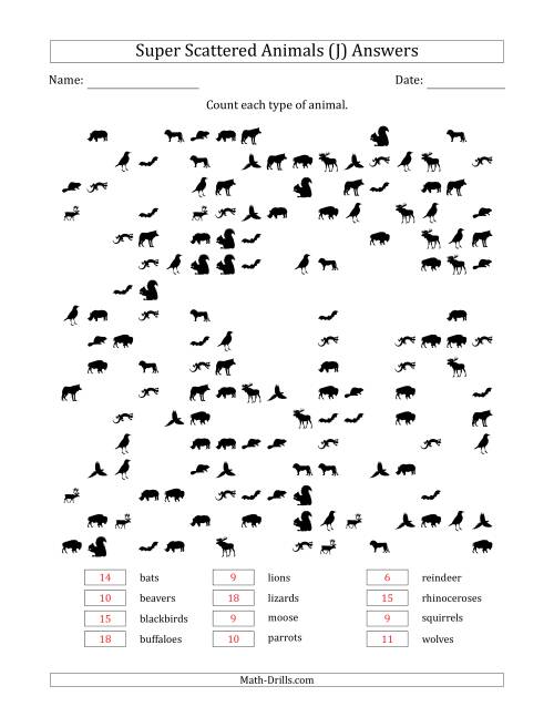 The Counting Animal Pictures in Super Scattered Arrangements (About 50 Percent Full) (J) Math Worksheet Page 2