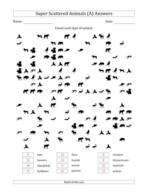 The Counting Animal Pictures in Super Scattered Arrangements (About 50 Percent Full) (All) Math Worksheet Page 2