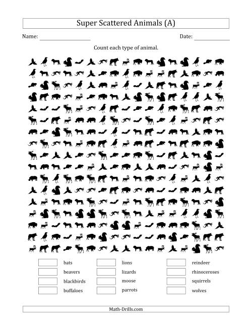 The Counting Animal Pictures in Super Scattered Arrangements (100 Percent Full) (A) Math Worksheet