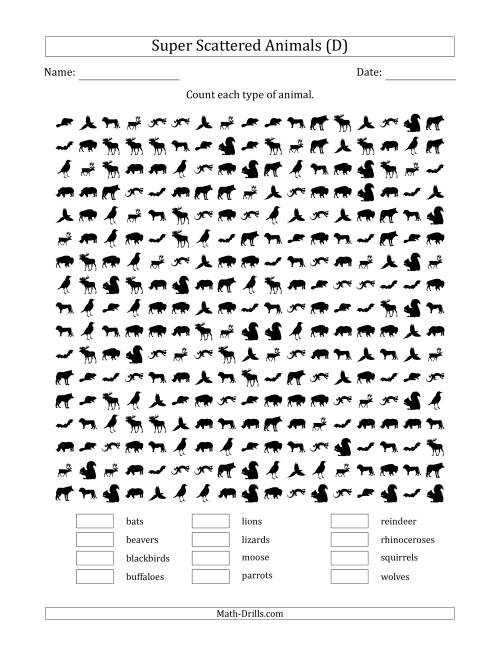 The Counting Animal Pictures in Super Scattered Arrangements (100 Percent Full) (D) Math Worksheet