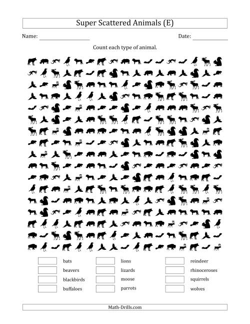 The Counting Animal Pictures in Super Scattered Arrangements (100 Percent Full) (E) Math Worksheet