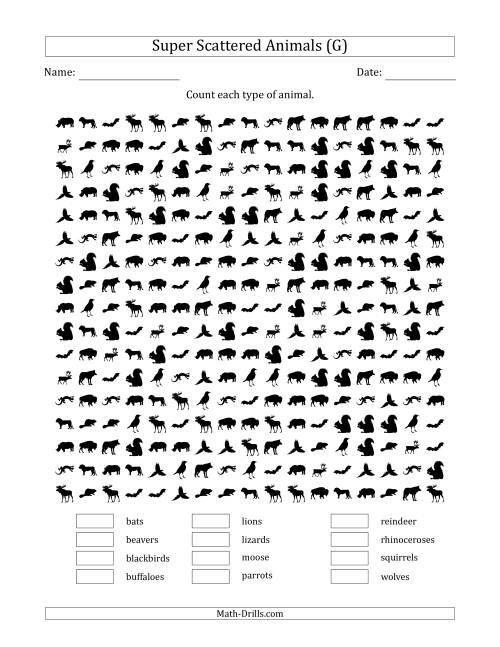 The Counting Animal Pictures in Super Scattered Arrangements (100 Percent Full) (G) Math Worksheet