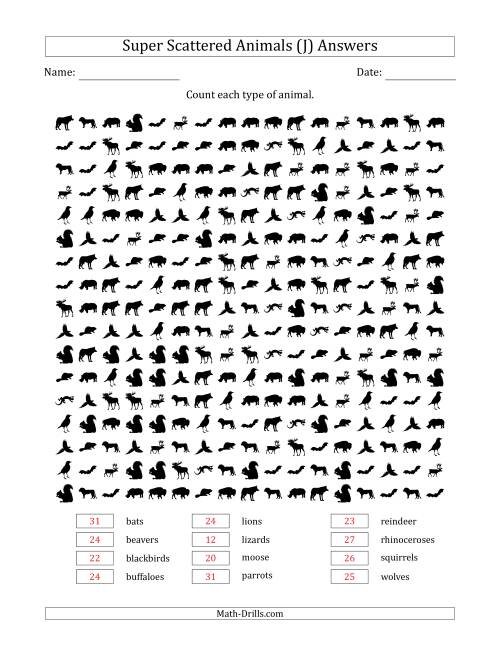 The Counting Animal Pictures in Super Scattered Arrangements (100 Percent Full) (J) Math Worksheet Page 2