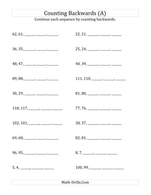 The Counting Backwards from Numbers up to 120 (A) Math Worksheet