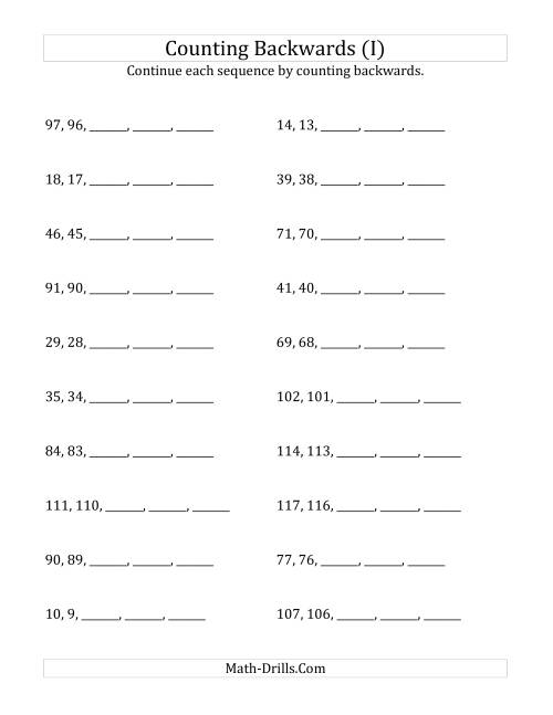 The Counting Backwards from Numbers up to 120 (I) Math Worksheet