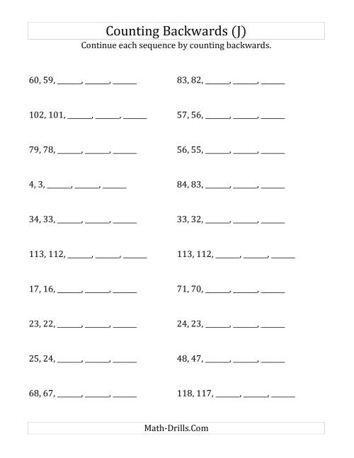 The Counting Backwards from Numbers up to 120 (J) Math Worksheet