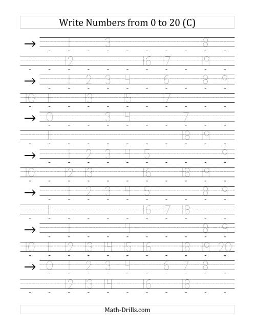 The Writing Numerals from 0 to 20 36pt (C) Math Worksheet