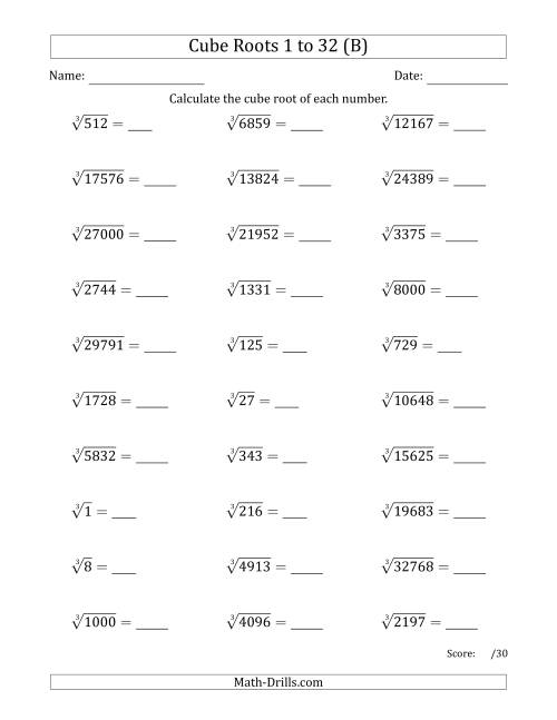 The Cube Roots 1 to 32 (B) Math Worksheet