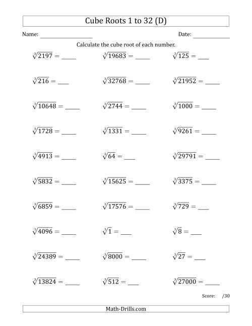 The Cube Roots 1 to 32 (D) Math Worksheet