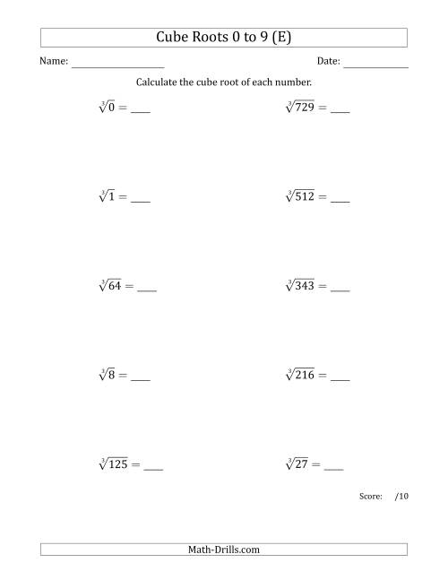 The Cube Roots 0 to 9 (E) Math Worksheet