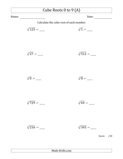 The Cube Roots 0 to 9 (All) Math Worksheet