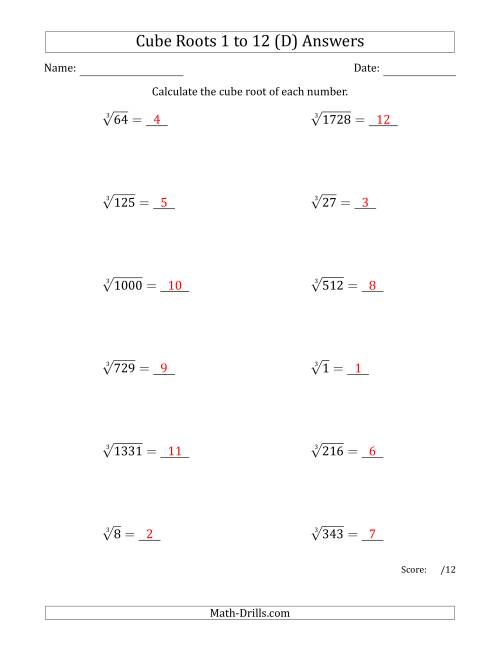 The Cube Roots 1 to 12 (D) Math Worksheet Page 2