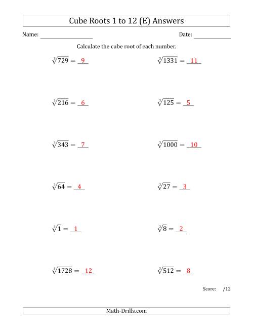The Cube Roots 1 to 12 (E) Math Worksheet Page 2
