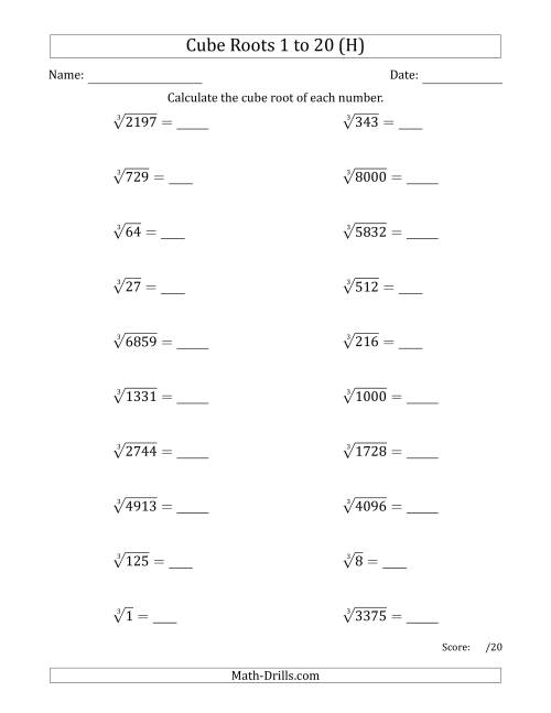 The Cube Roots 1 to 20 (H) Math Worksheet