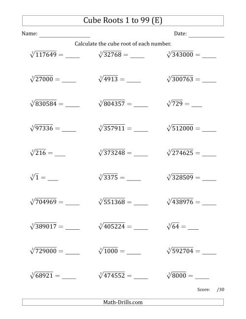 The Cube Roots 1 to 99 (E) Math Worksheet