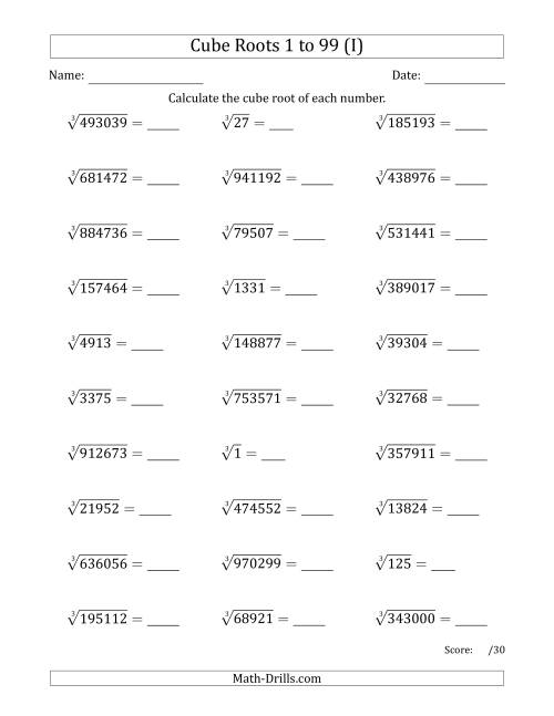 The Cube Roots 1 to 99 (I) Math Worksheet