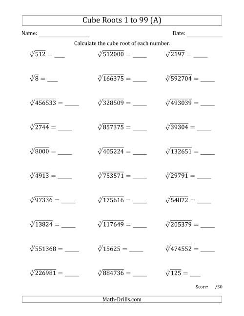 The Cube Roots 1 to 99 (All) Math Worksheet