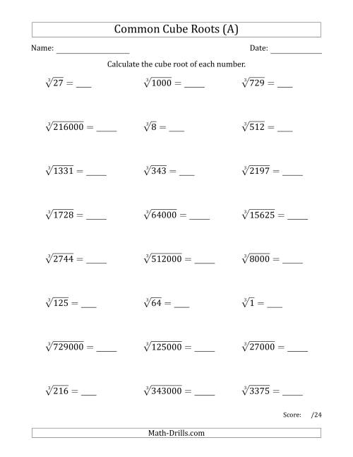 The Common Cube Roots (A) Math Worksheet