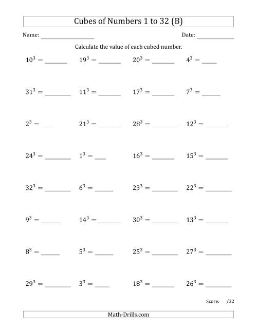 The Cubes of Numbers from 1 to 32 (B) Math Worksheet