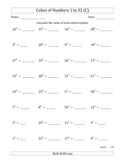 The Cubes of Numbers from 1 to 32 (C) Math Worksheet