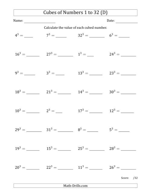 The Cubes of Numbers from 1 to 32 (D) Math Worksheet