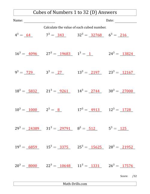 The Cubes of Numbers from 1 to 32 (D) Math Worksheet Page 2