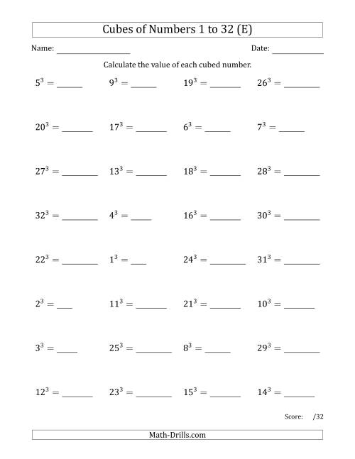 The Cubes of Numbers from 1 to 32 (E) Math Worksheet