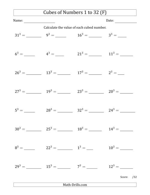 The Cubes of Numbers from 1 to 32 (F) Math Worksheet