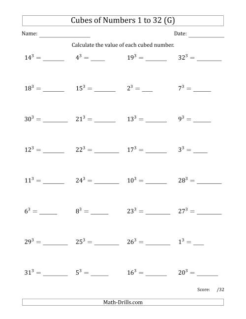 The Cubes of Numbers from 1 to 32 (G) Math Worksheet