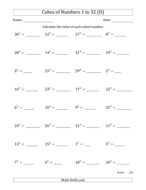 The Cubes of Numbers from 1 to 32 (H) Math Worksheet